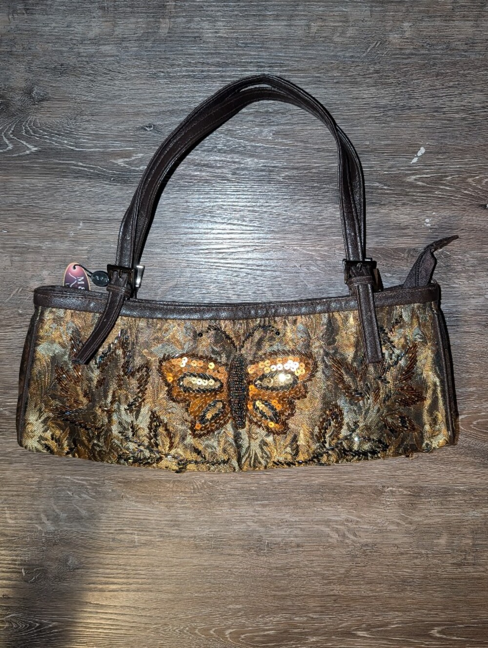 Vintage Brown & Gold Butterfly Beaded Shoulder Bag